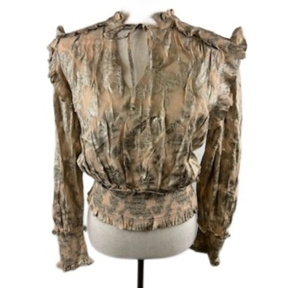 Elan Anthropologie Blouse Top Ruffle Trim Long Sleeve Gold Metallic Size Small‎